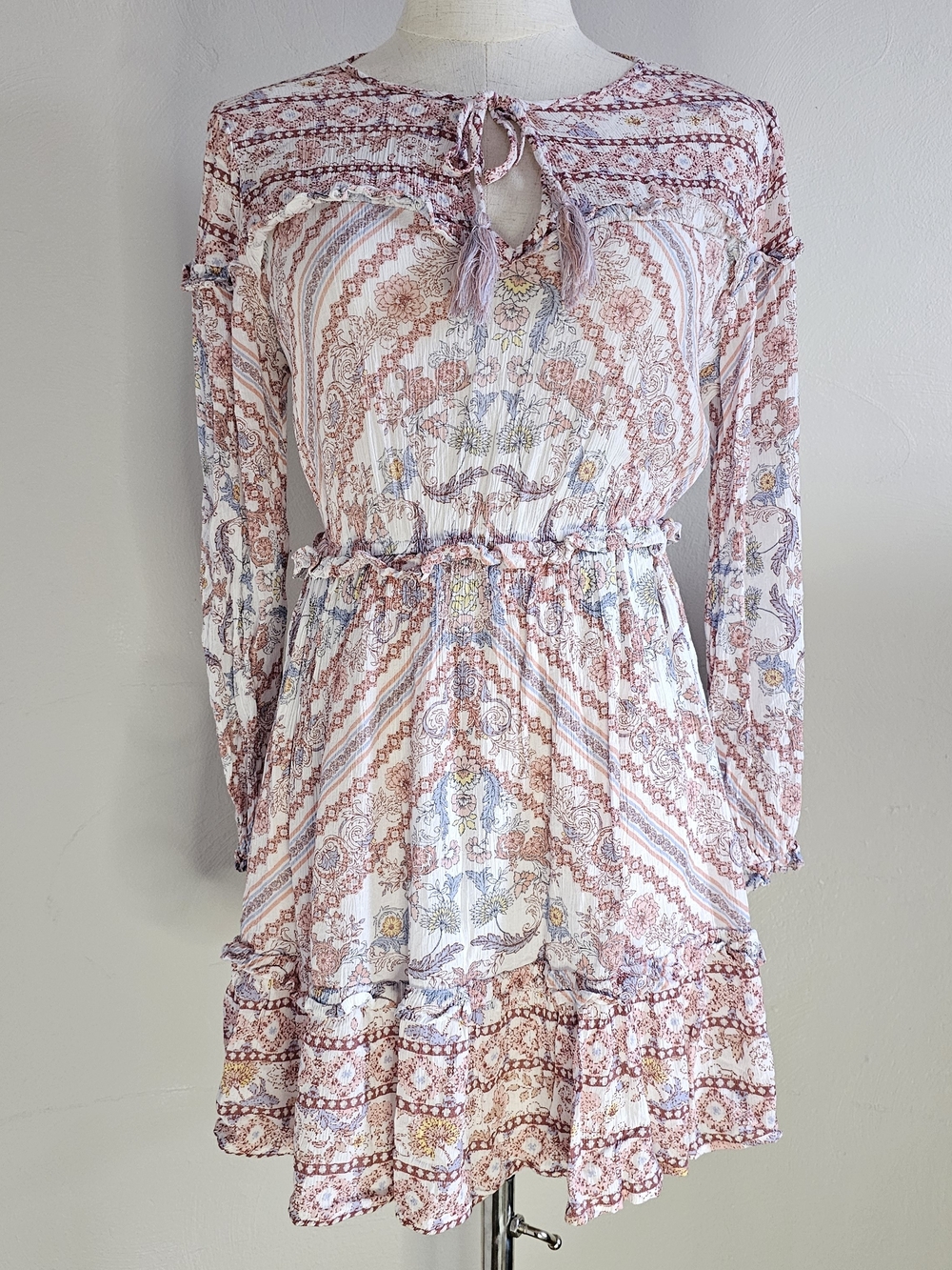 Bohemian Tassel Tie Pink Paisley Print Long Sleeve Dress S
